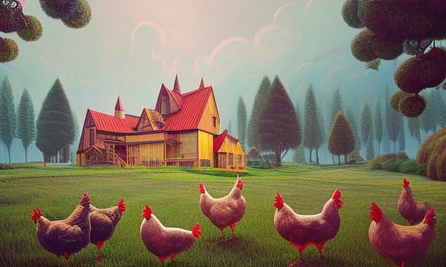 Whimsical Chicken Farm in Retro Art Deco Style