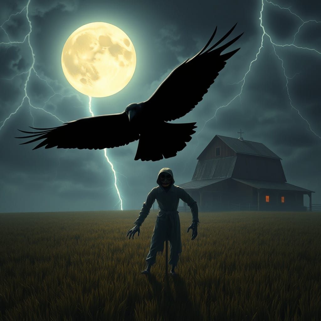 Dark Crow Soars Over a Haunting Landscape in a Cyberpunk-Sty...