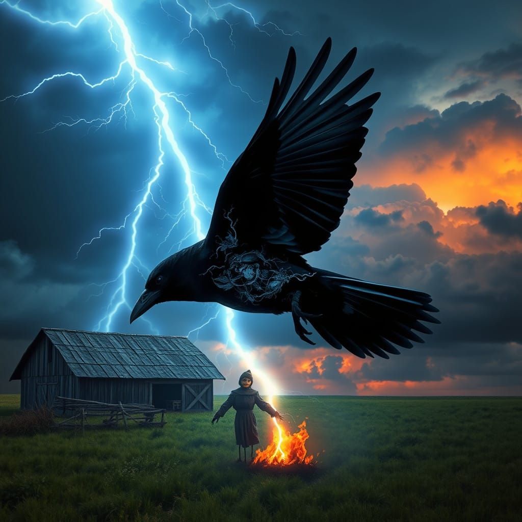 Majestic Crow Seeks Shelter beneath Stormy Night Sky in a Ci...
