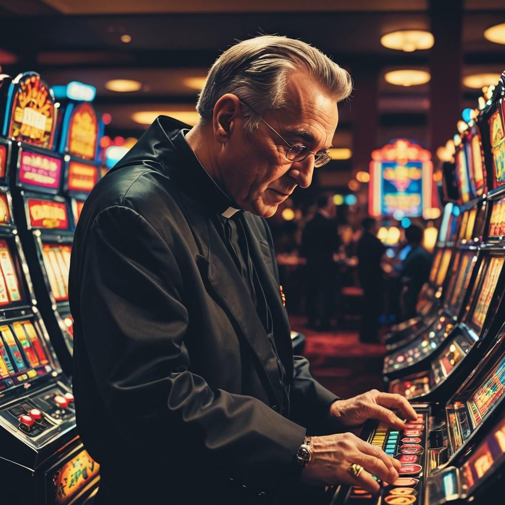 Catholic Priest Gambling in a Neon Casino