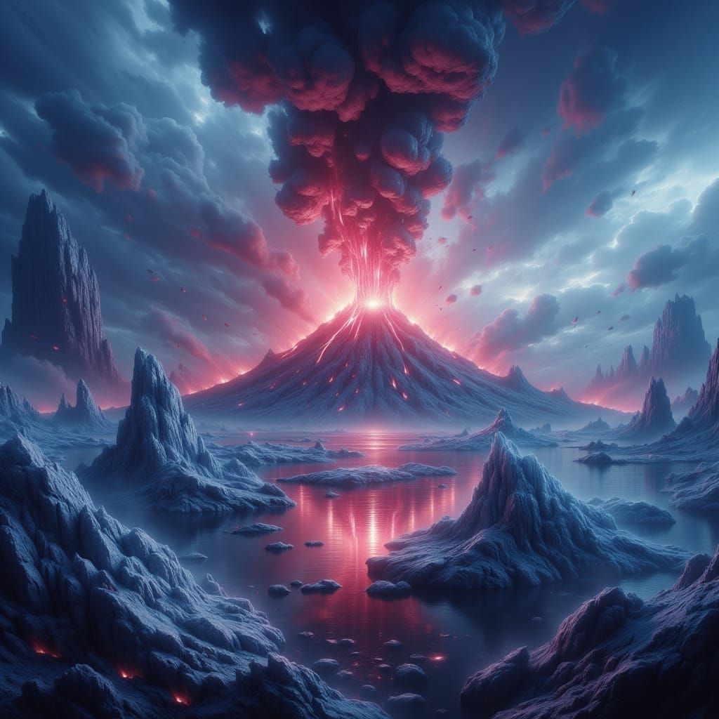 Volcano Erupting Pink Lava in Icy Ocean Matte Painting