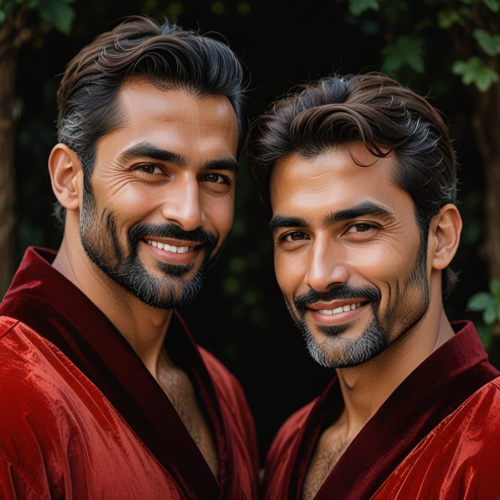Two Handsome Men in Red Velvet, Impasto Oil Painting