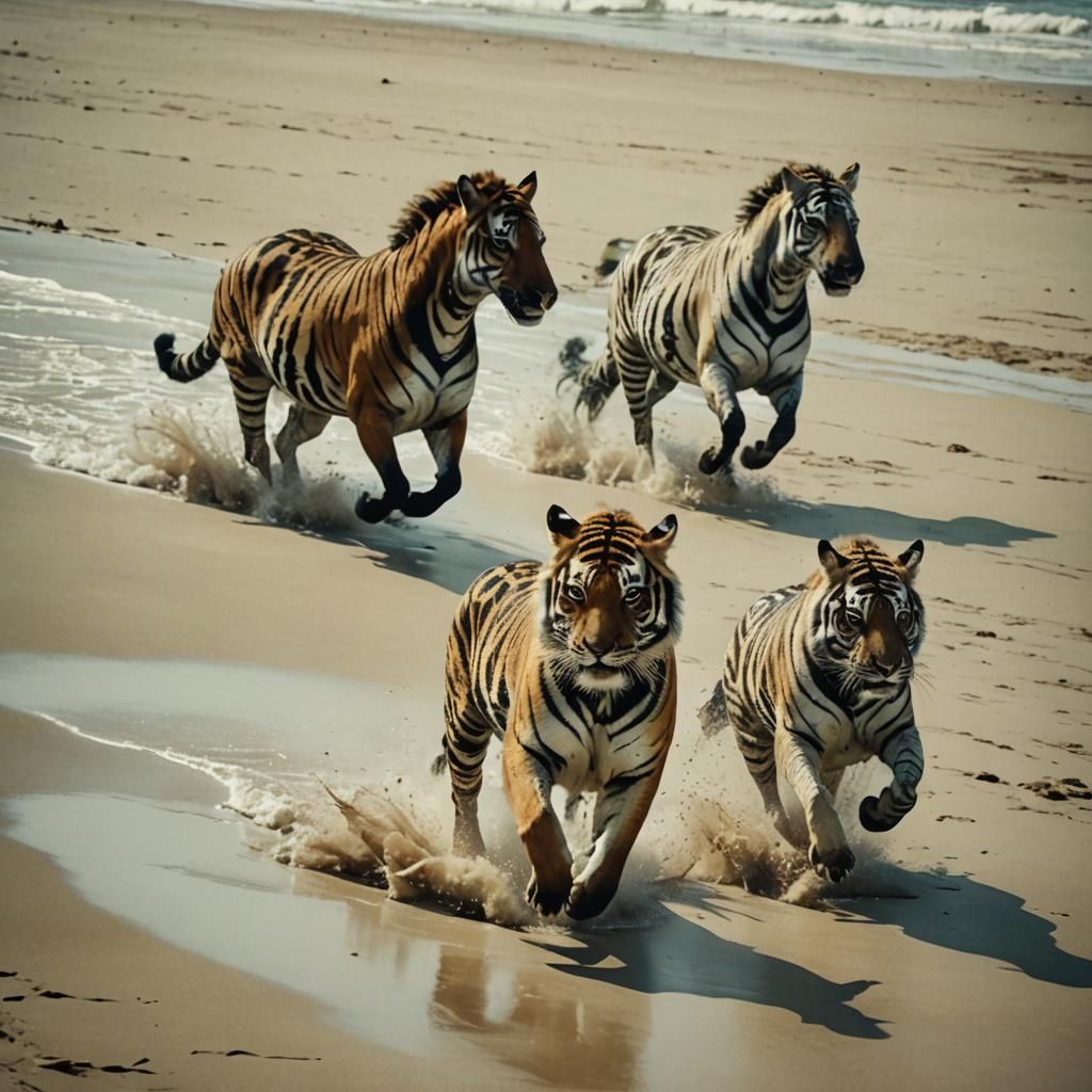 Tiger Striped Horses Galloping on Beach Watercolor