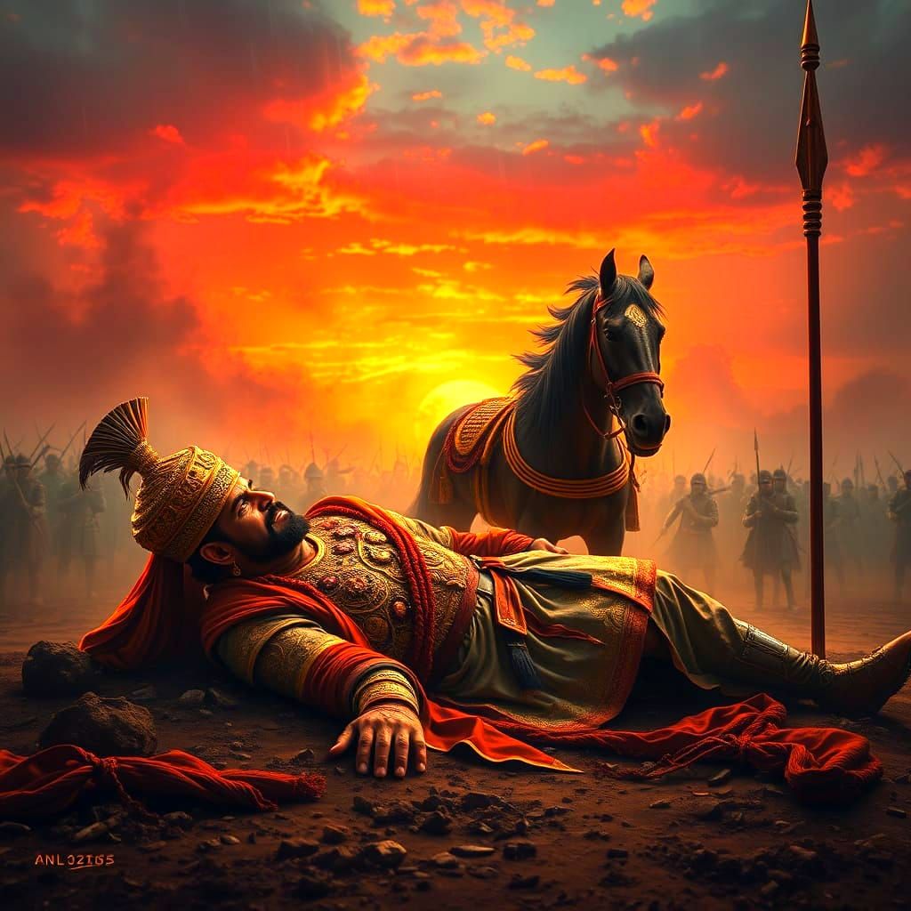 Epic Rajput Warrior Contemplates on Bloodied Battlefield