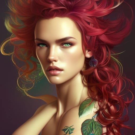 Goddess with Colorful Hair, Hyperdetailed Art Nouveau Portra...