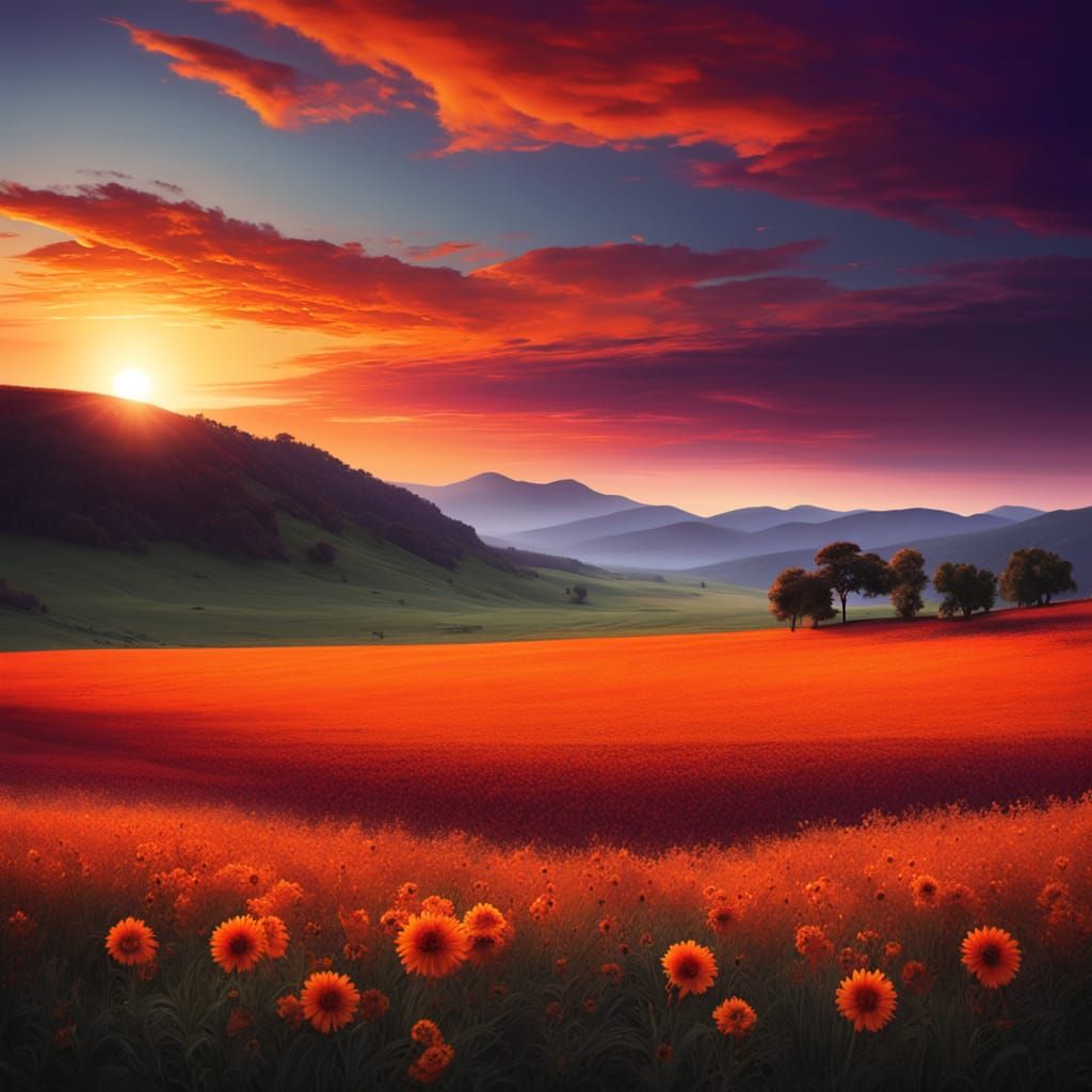 Gigantic Sun Pulsates in Twilight Sky as Oil Painting