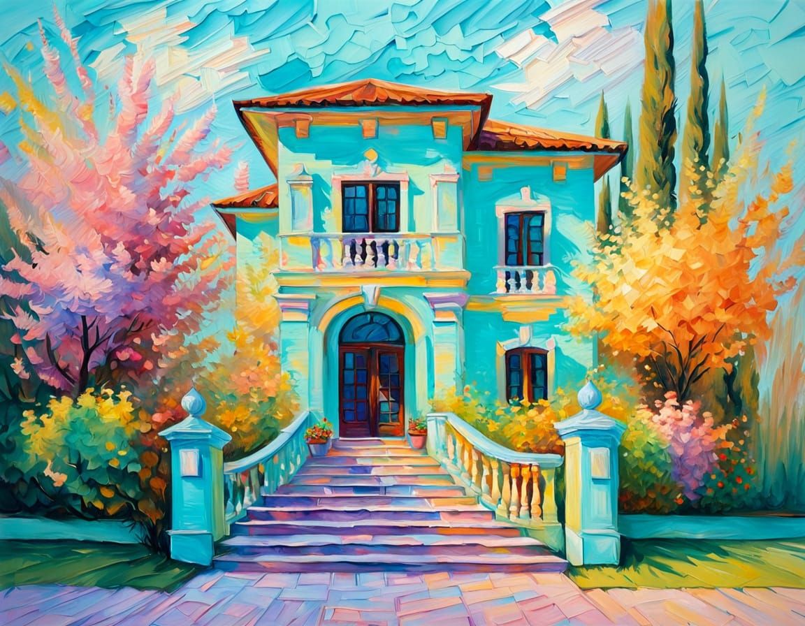 Multicolored Pastel Villa as Impasto Painting