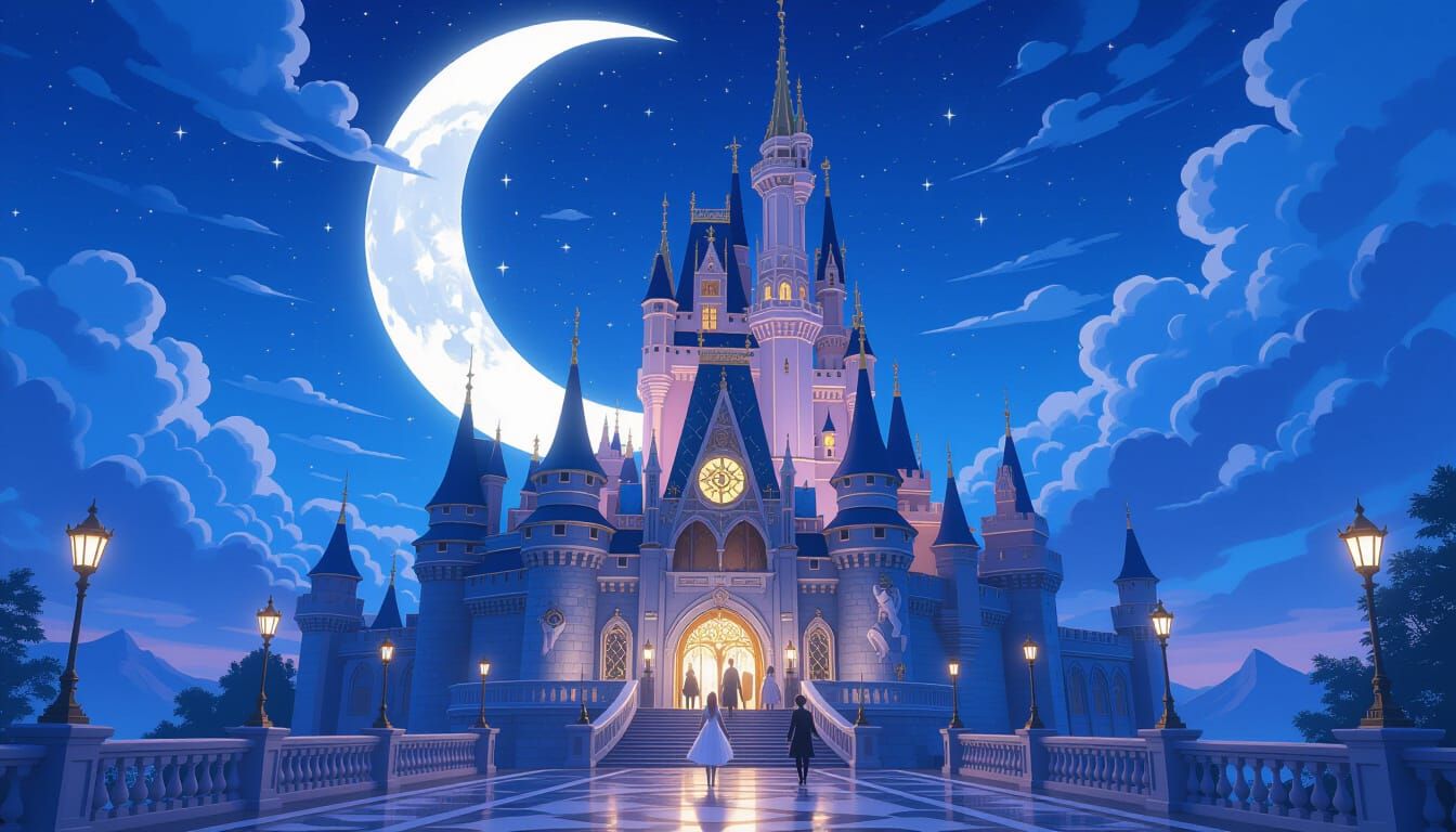Majestic Castle on Crescent Moon in Anime Style