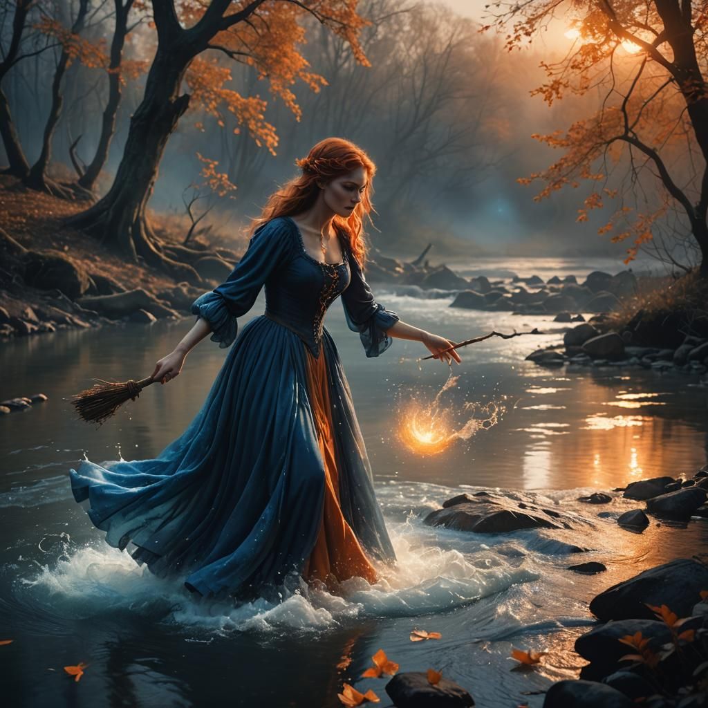 Enchanting River Witch Magic in Detailed Matte Painting