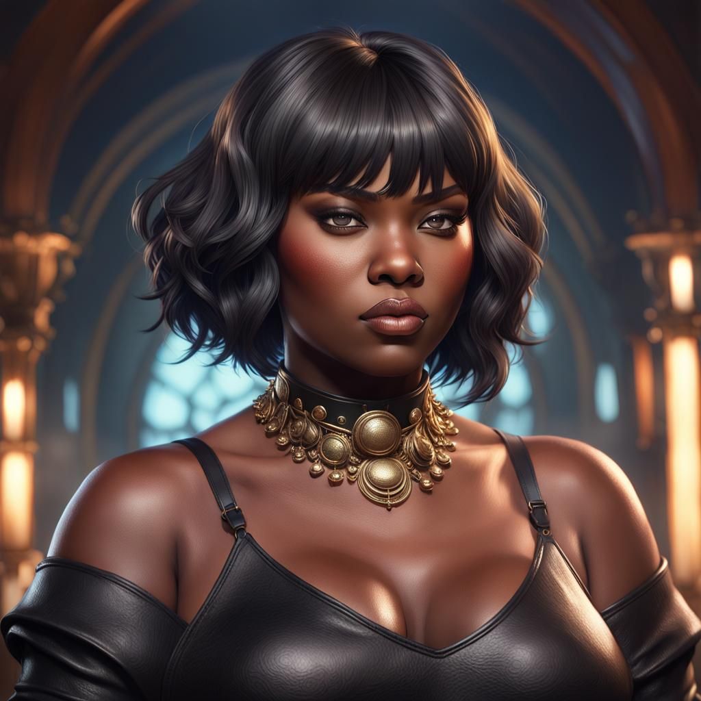 Ebony Woman Portrait with Leather Collar, Detailed Digital A...