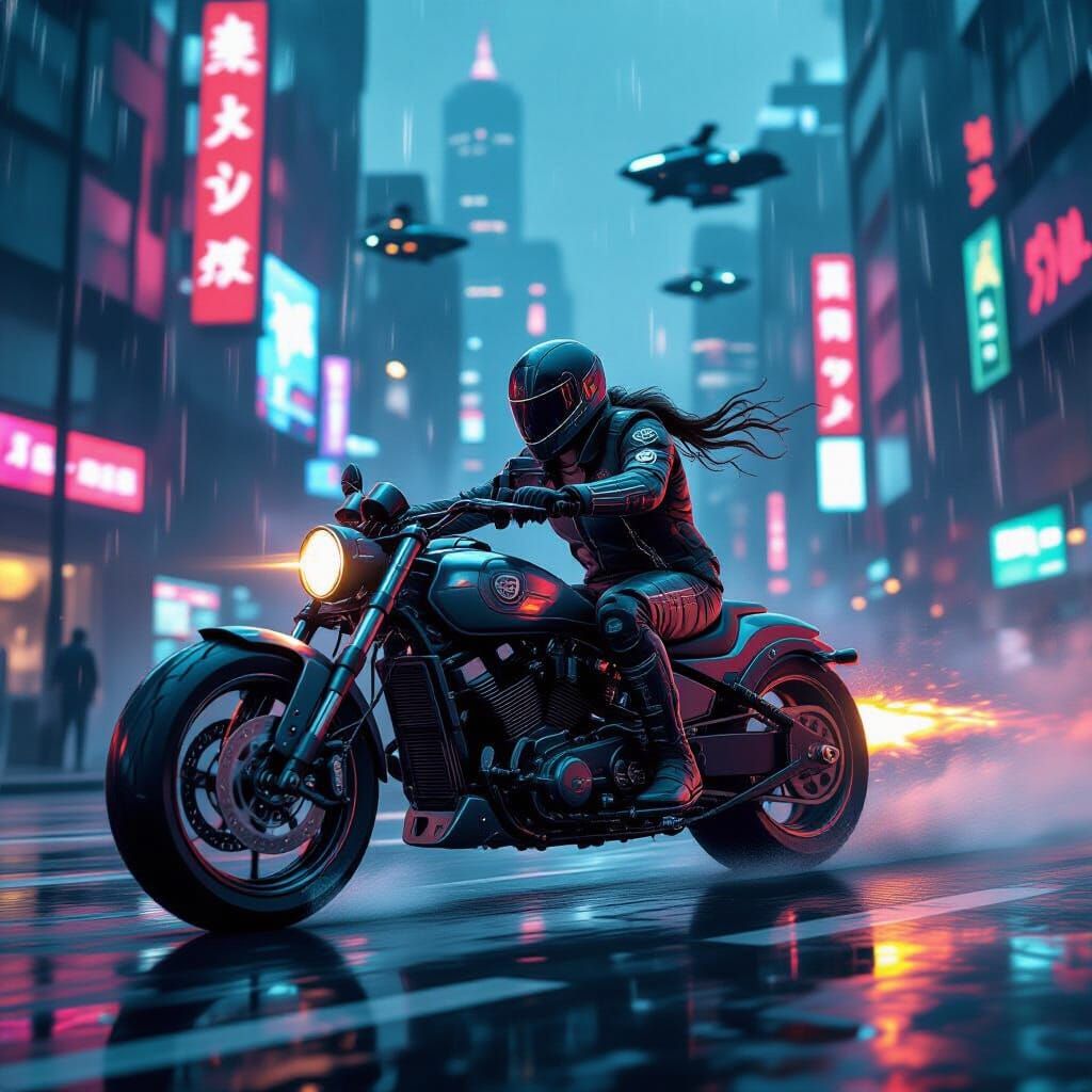 Cybernetic Hunter on Retro Motorcycle