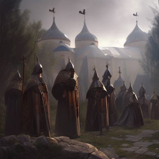 Dark warrior monks guarding a medieval Byzantine monastery
