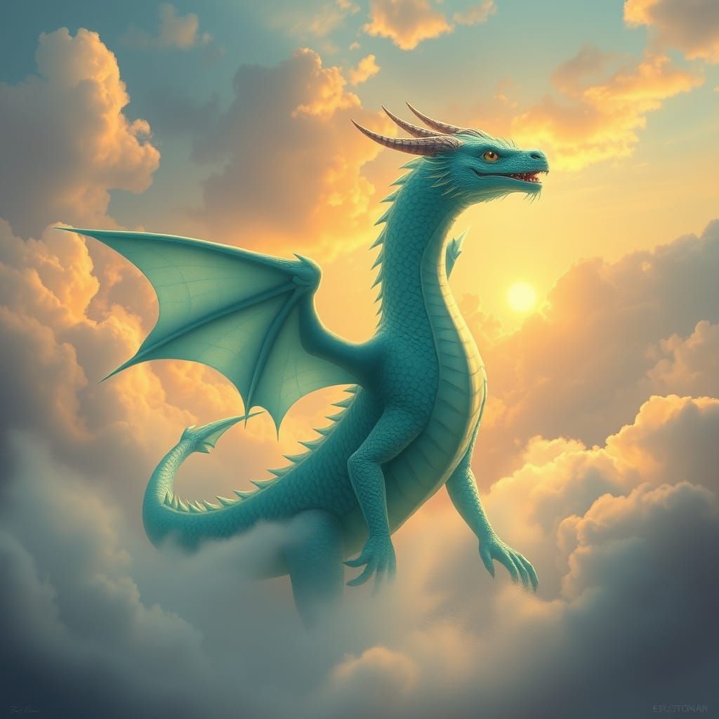 Turquoise Dragon Soars Amidst Golden Sunrise Clouds
