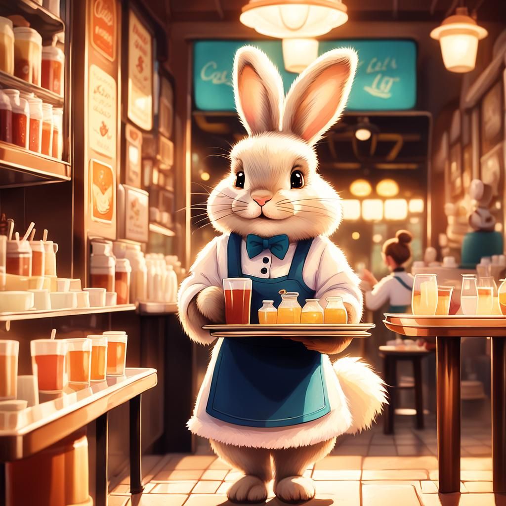 Bunny Waitress Serving Drinks in Cafe: Cartoon Style