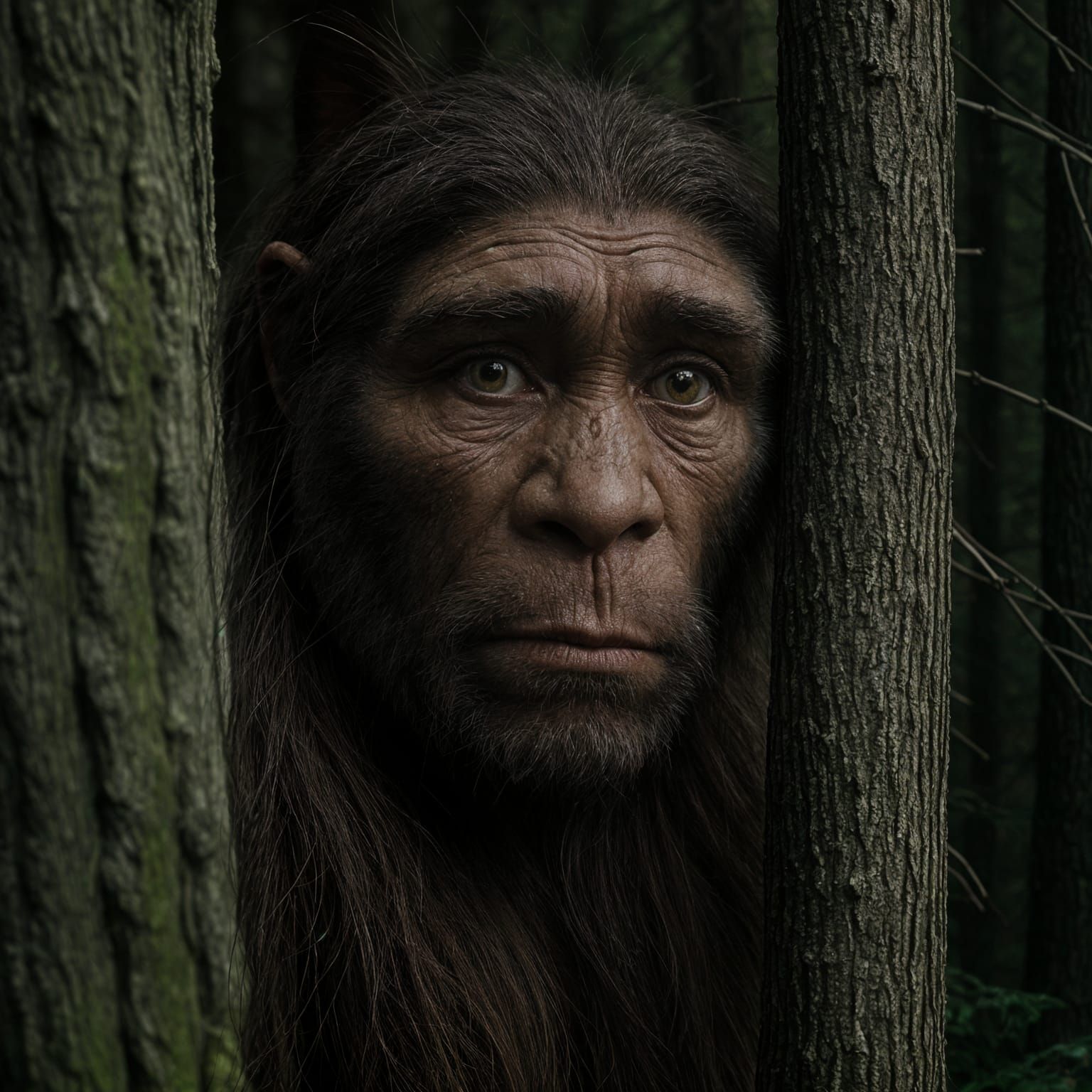 Neolithic Creature with Sorrowful Eyes in Forest