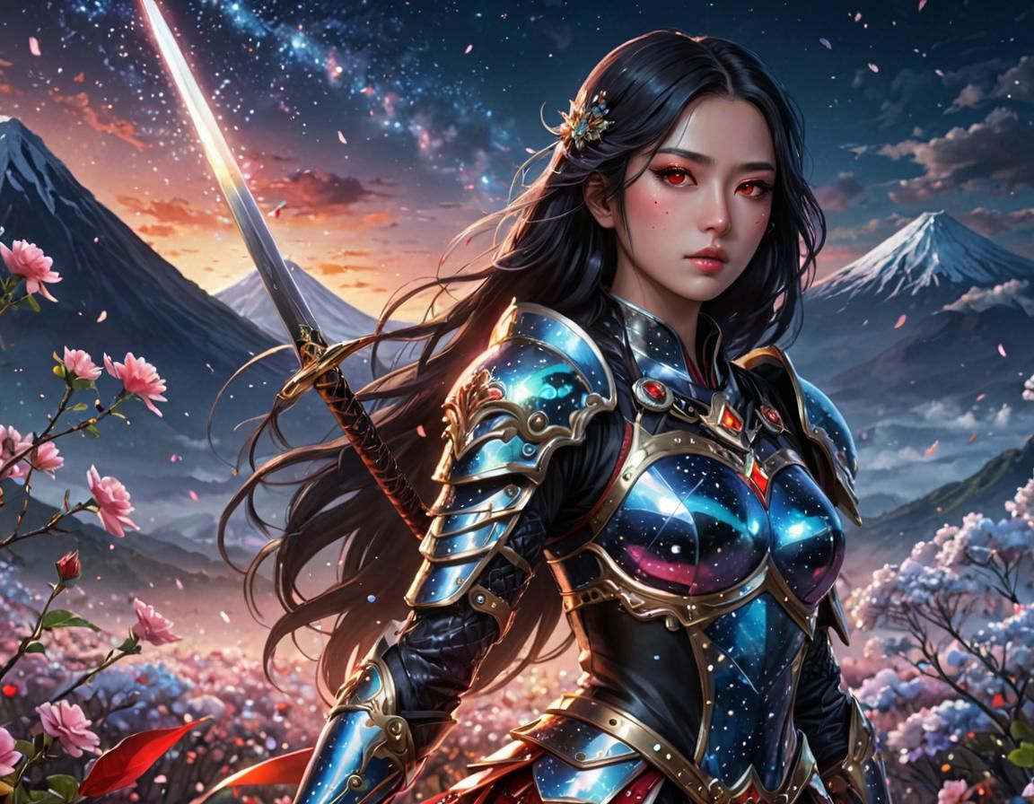 Warrior Girl with Mount Fuji in Anime Style