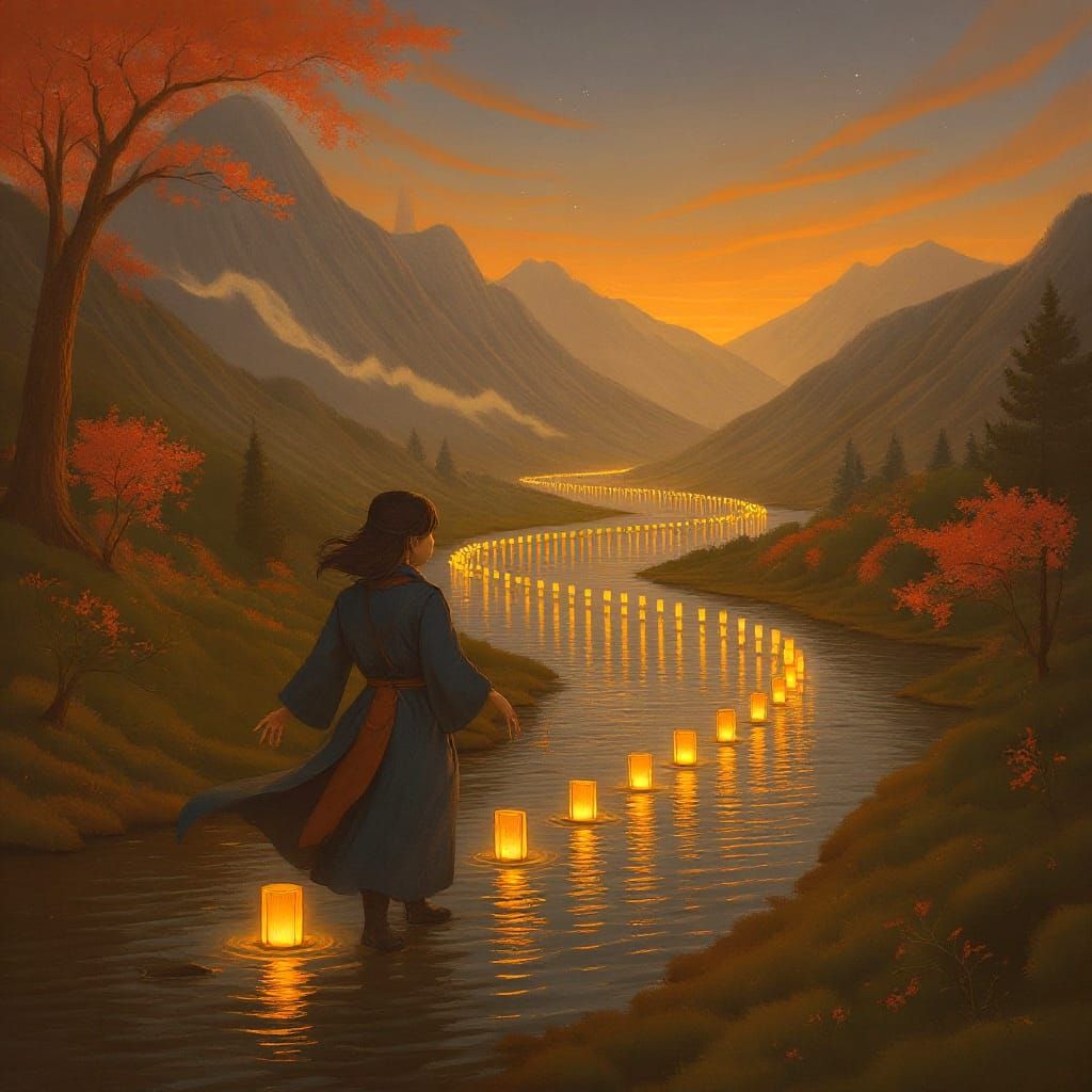 Tranquil River of Lanterns at Twilight