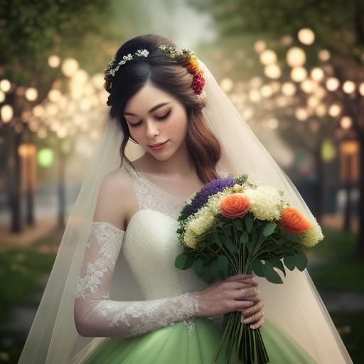 Bride with Rainbow Bouquet in Oil Painting Style