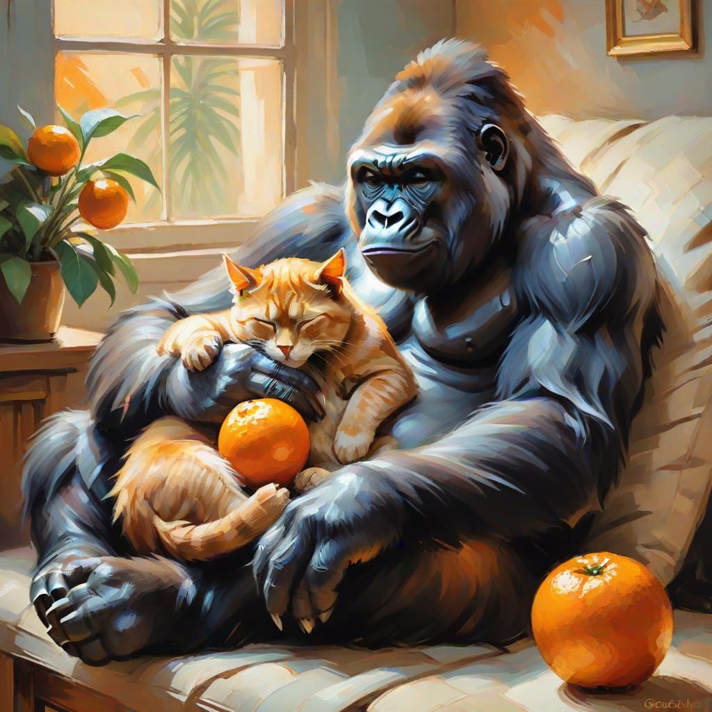 Impressionist Gorilla Cradles Cat in Warm Light