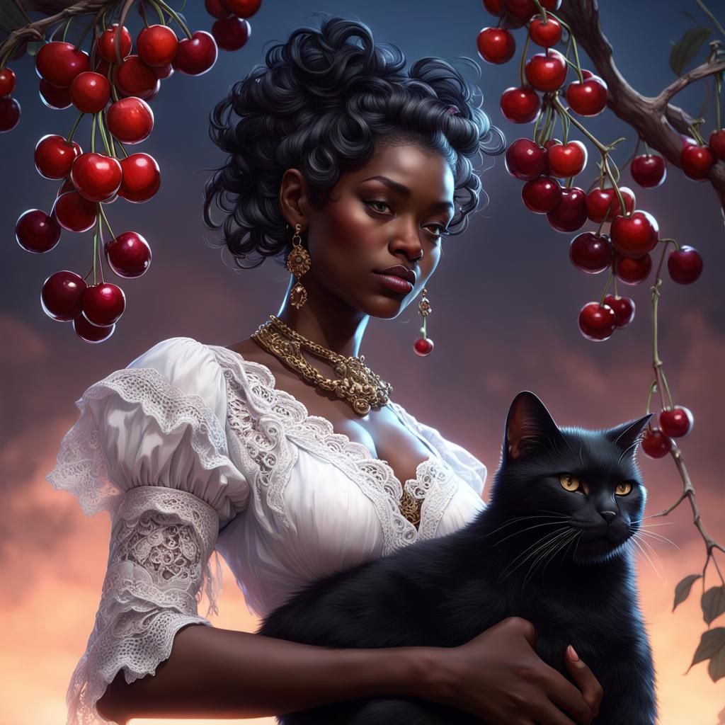 Black Woman with Cat and Cherries: Hyperdetailed Portrait