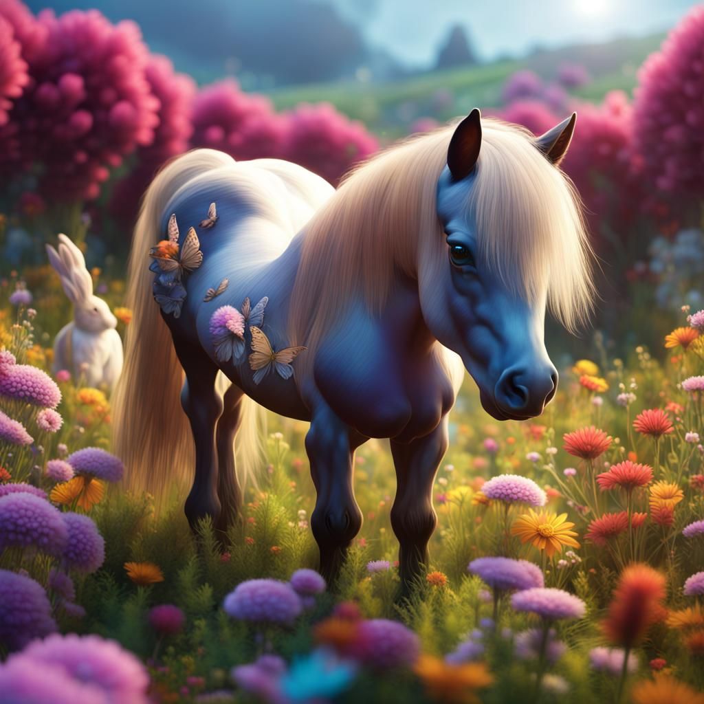 Shetland Pony in Flower Meadow: Fantasy Concept Art