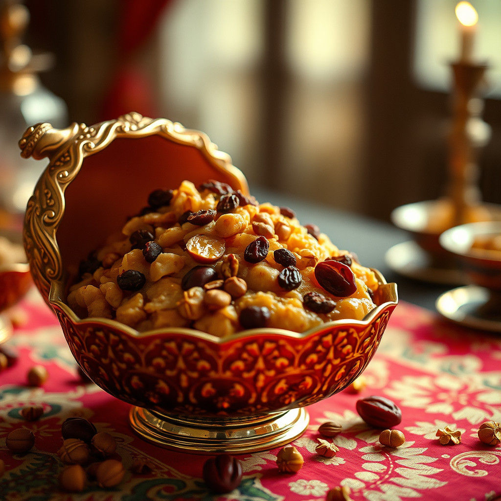 A close-up of traditional Panjiri with golden brown tones, showcasing dry fruits and nuts, served in an elegant bowl on ...