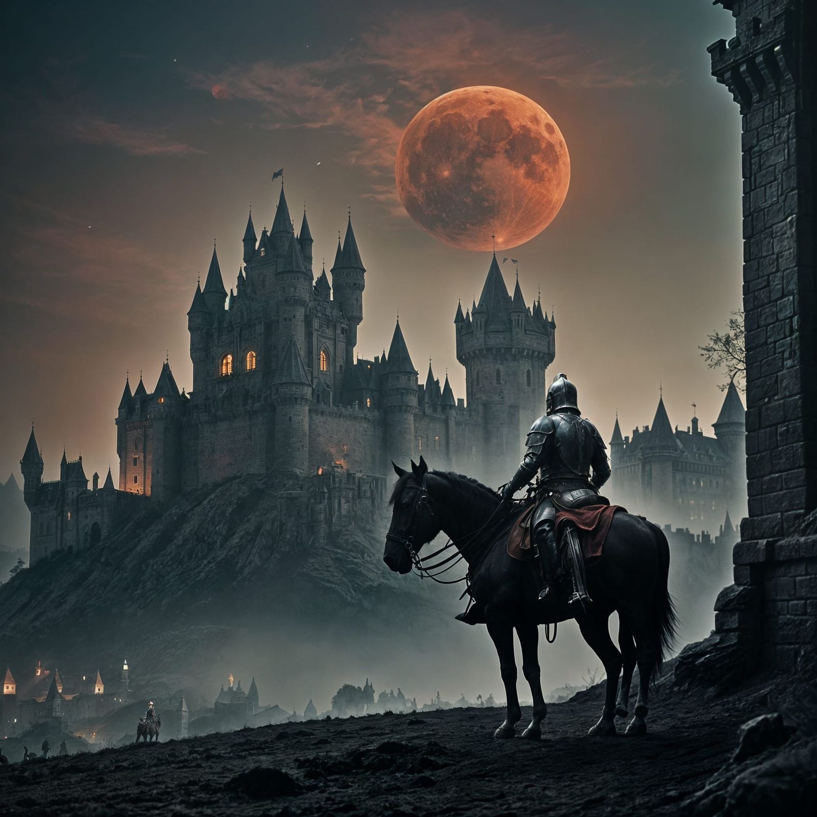 Knight on Horseback Gazing at Dark Castle