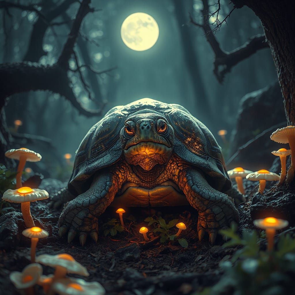 Wise Turtle Luminescence in Misty Forest