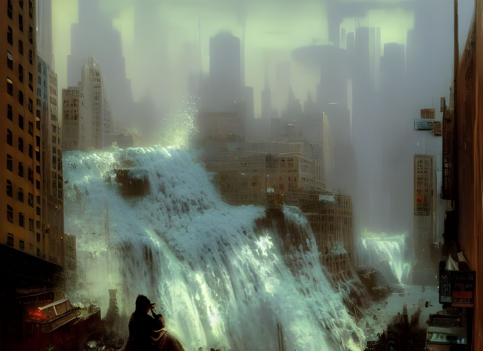 NYC Waterfall Flood: Impressionist Painting of Urban Disaste...