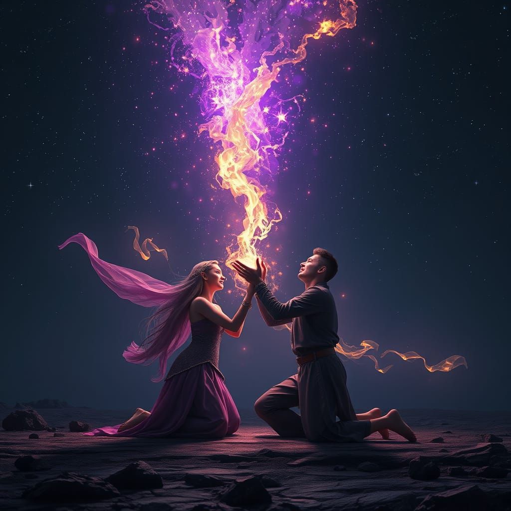 Magical Couple Unleashes Gentle Wonder in Dark Fantasy Sky