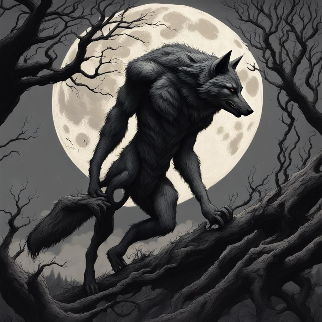 Loup-garou - Furious Werewolf Howling at the Moon, image size:1024x1024