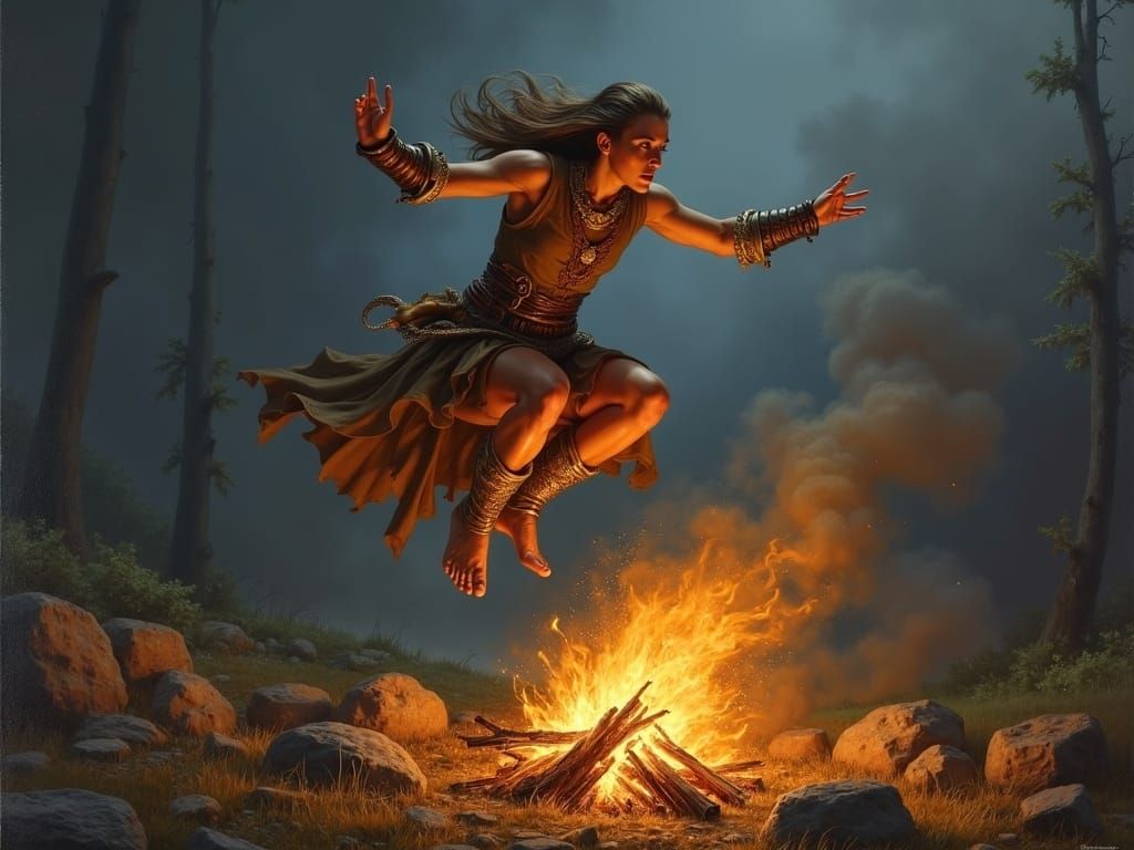 Princess Barbarian Leaping Over Campfire in Oil Painting Sty...