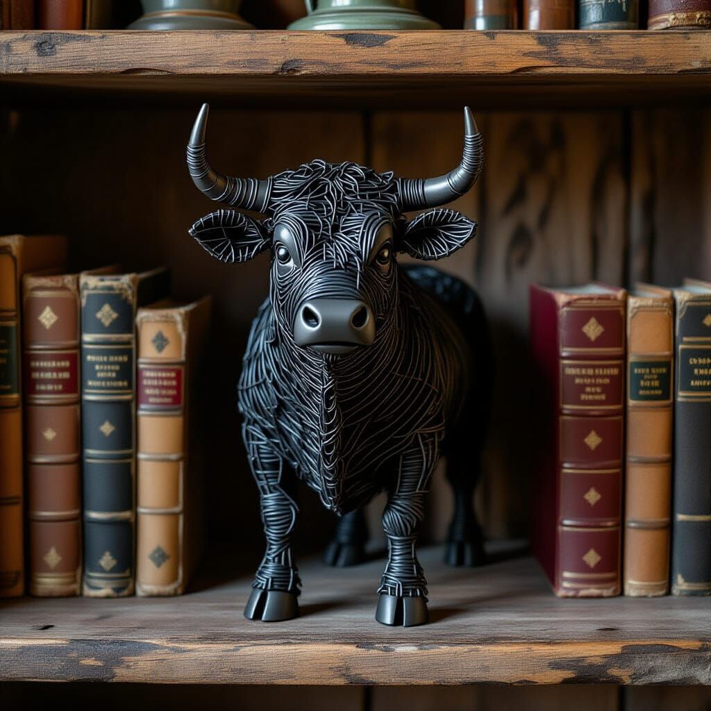 a small bull statue made entirely out of wound dark gray wir...