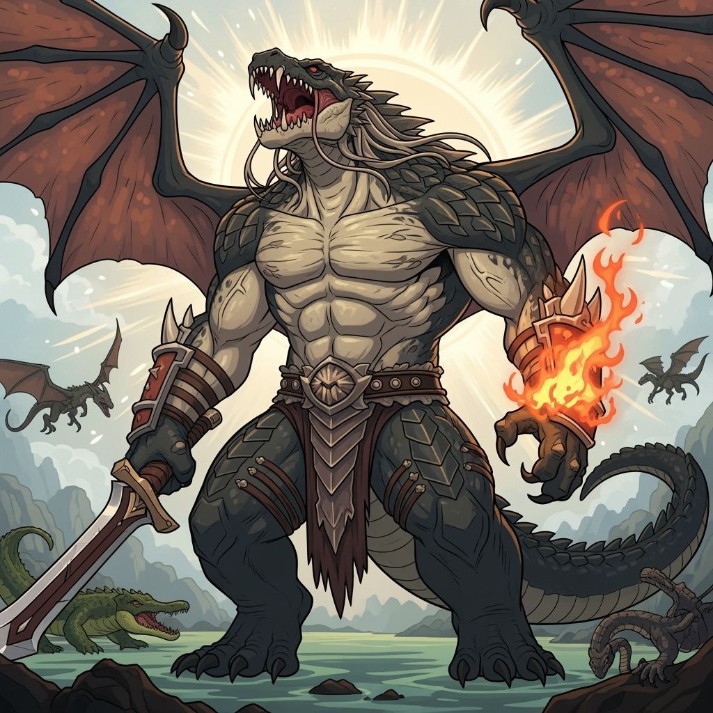 Massive Titan Lizardfolk in Manga Style