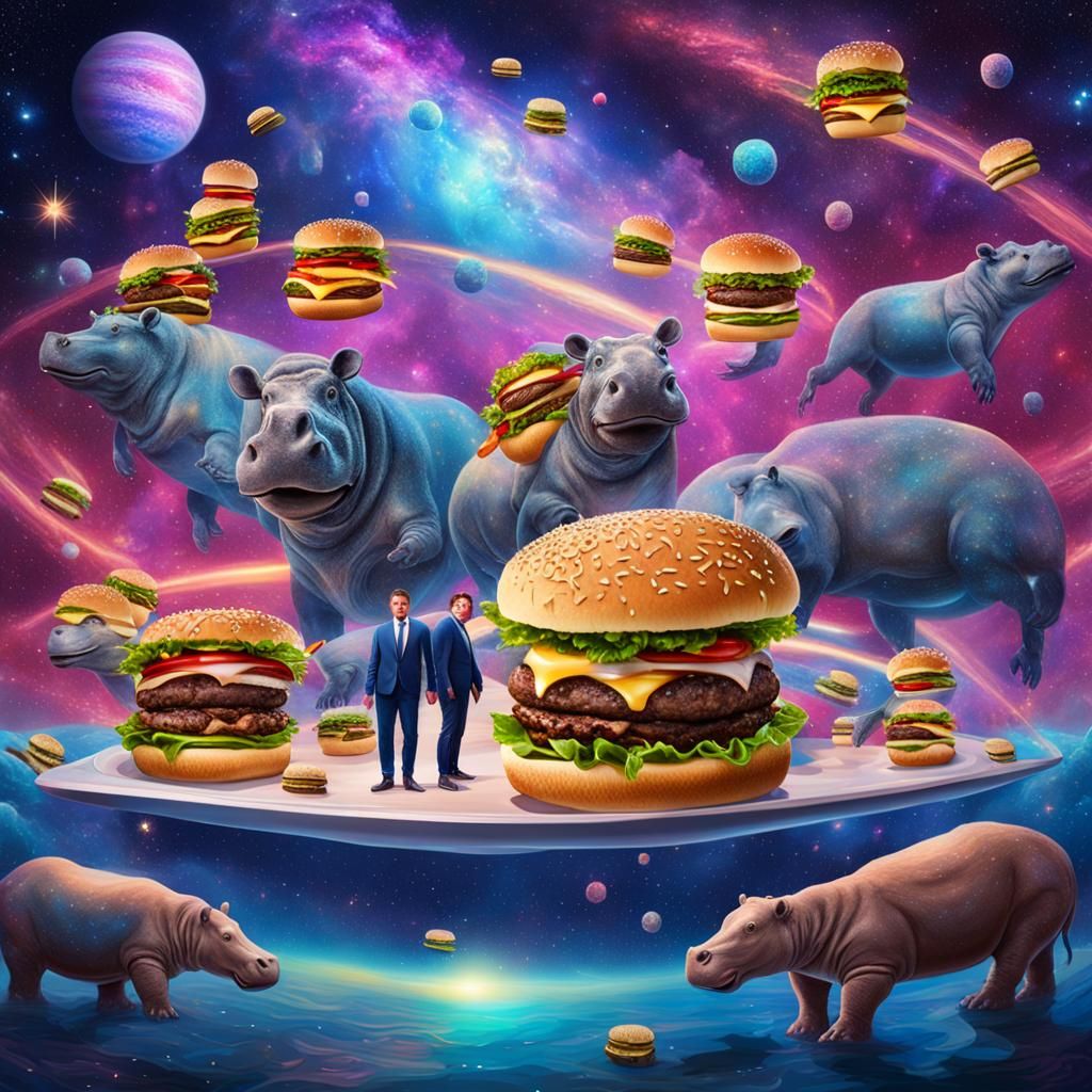 Surreal Galaxy of Hippos in Hamburgers, Digital Art