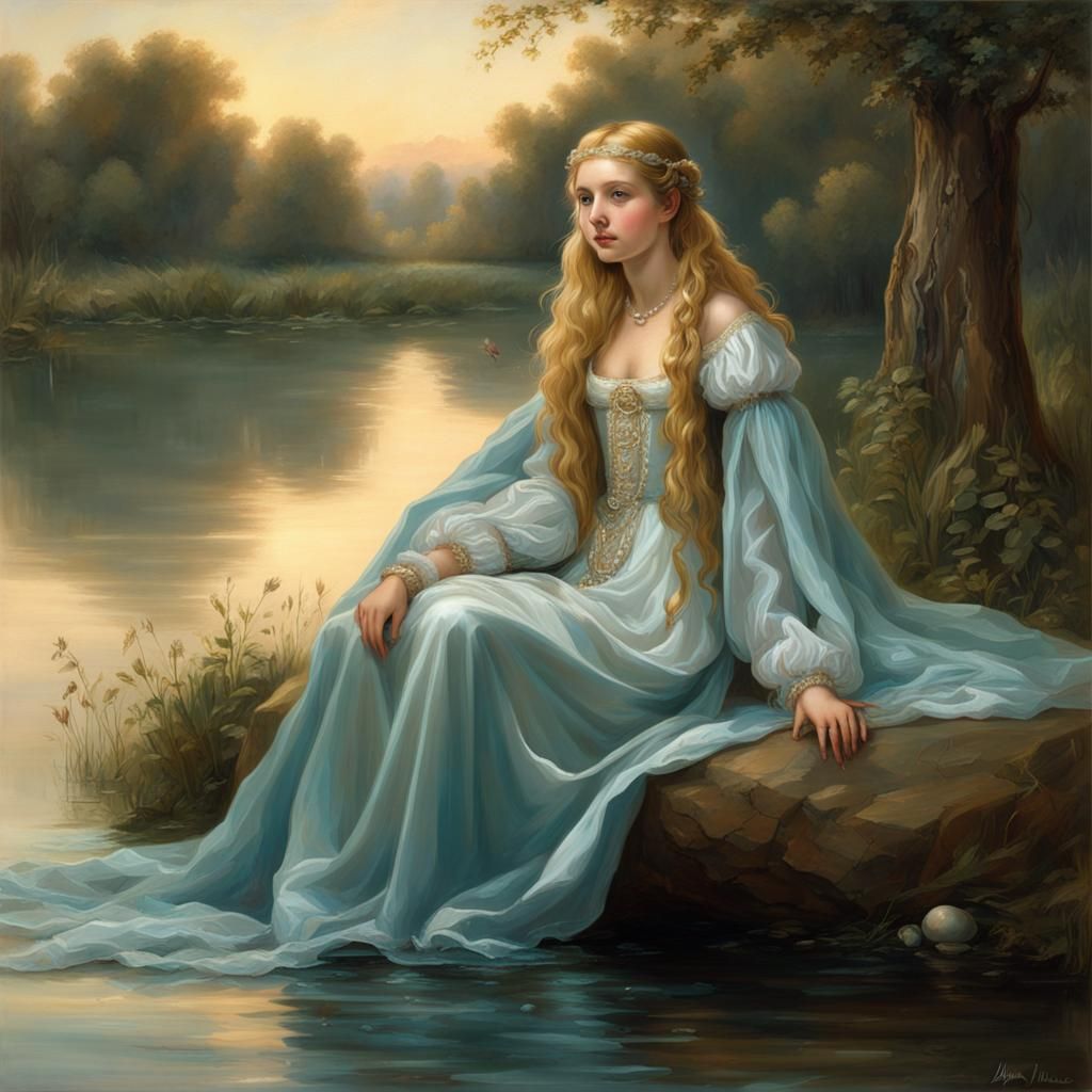 Renaissance Girl with Pearl Embroidery in Lake Portrait
