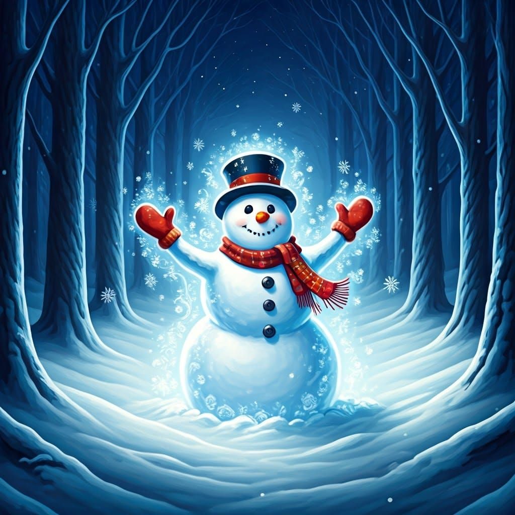 A Whimsical Snowman Materializes in a Moonlit Winter Wonderl...