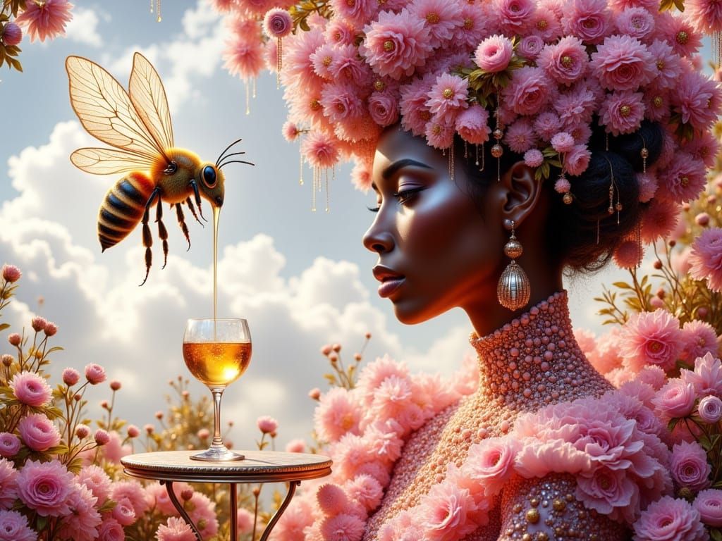Surreal Portrait of Woman Made of Pink Bees