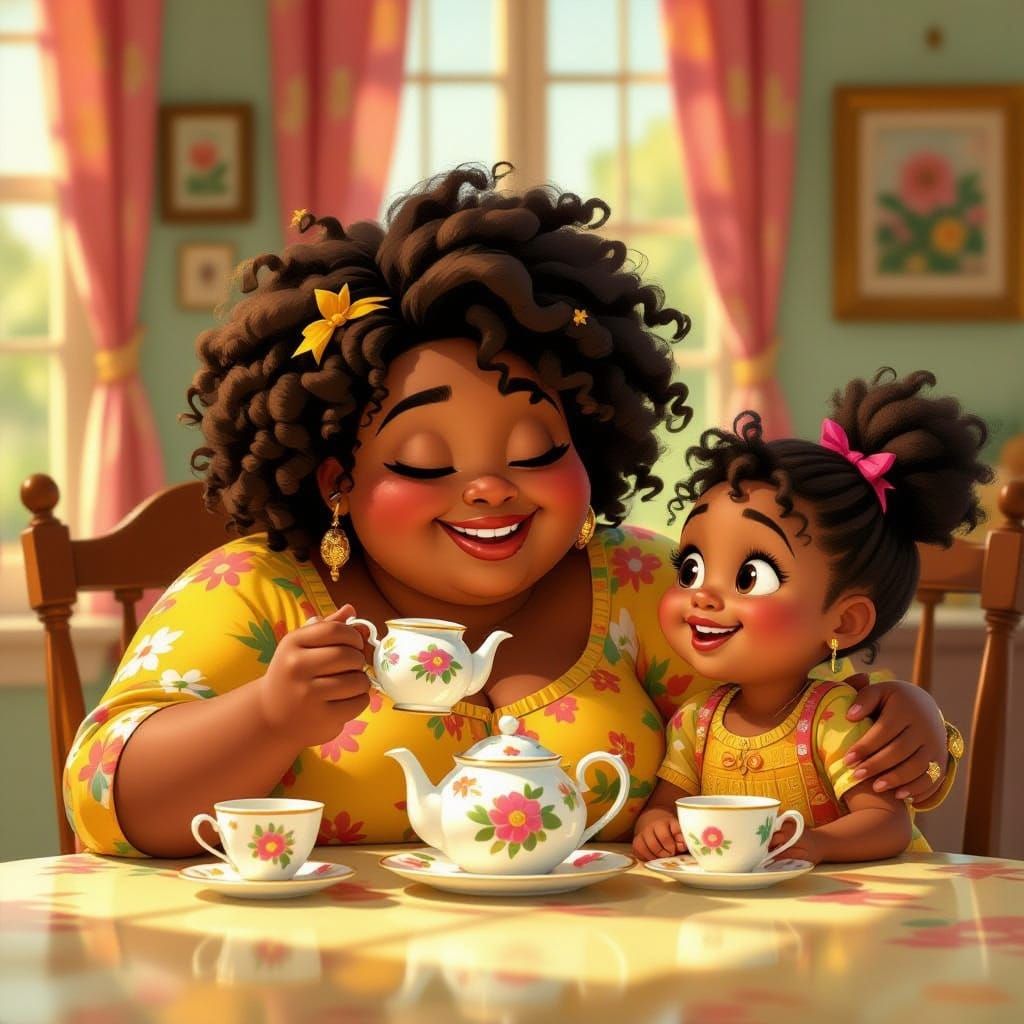 Child and Mother Tea Party in Pixar Style