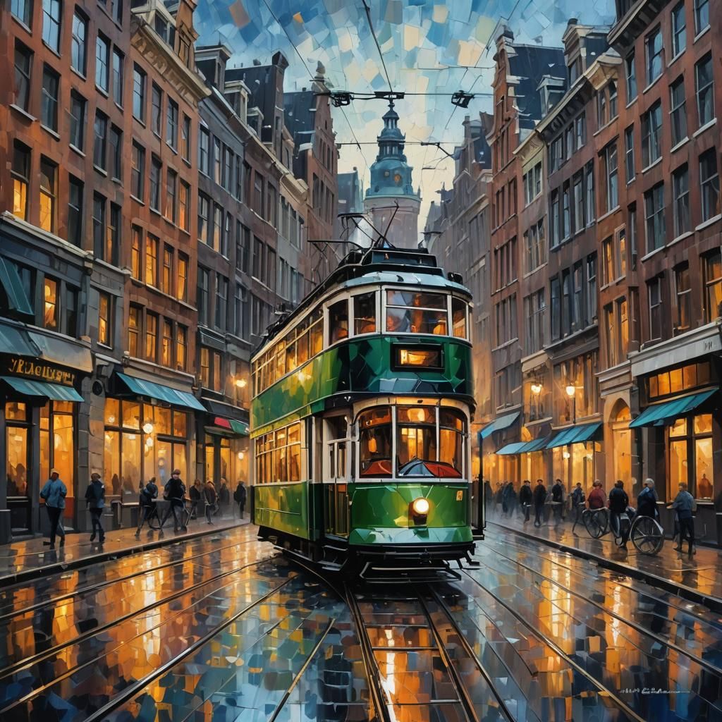 Amsterdam Tram in Abstract Oil Painting