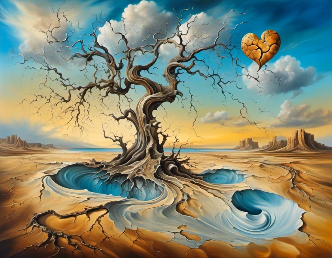 Surreal Desert Heart with Bare Tree, in Dali Style