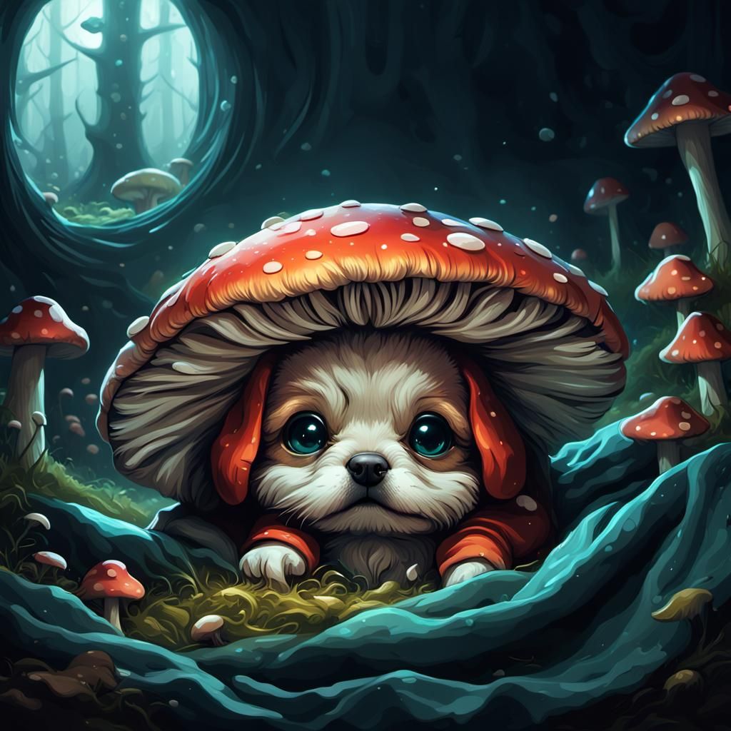 Mushroom Puppy Scared of the Dark: Digital Art