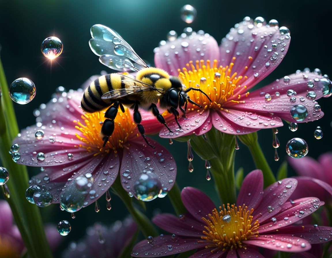 Dew Drops Reflecting Bee, Digital Matte Painting