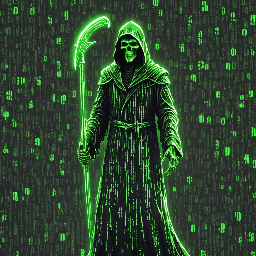 Neon Grim Reaper in Binary Code