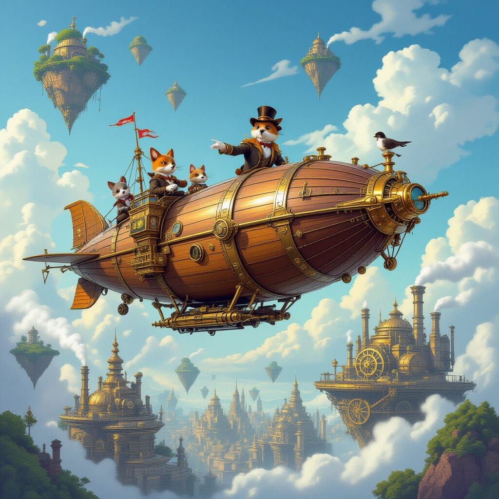 Steampunk Airship Over Gear City with Animal Crew