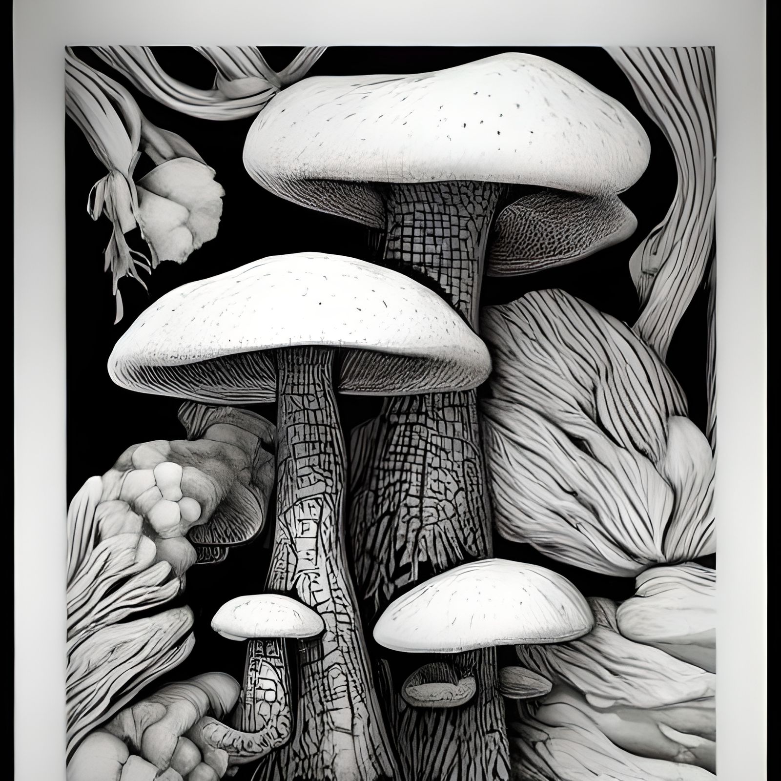 Giant Mushrooms in Mirrored Box, Linocut Style