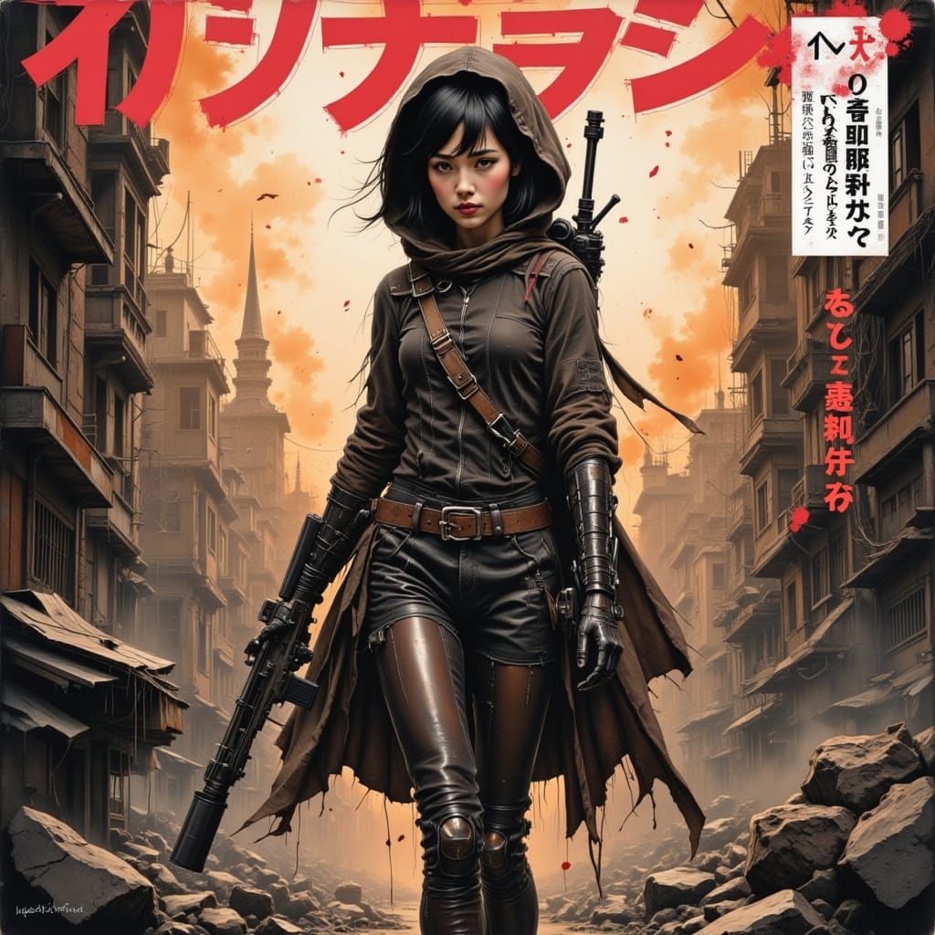 Anime Cyborg Girl on Magazine Cover in Ruined City