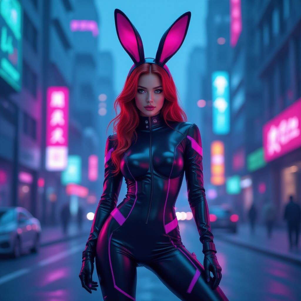 Redhead in Bunny Suit, Neon Cityscape, Hyperrealistic Style