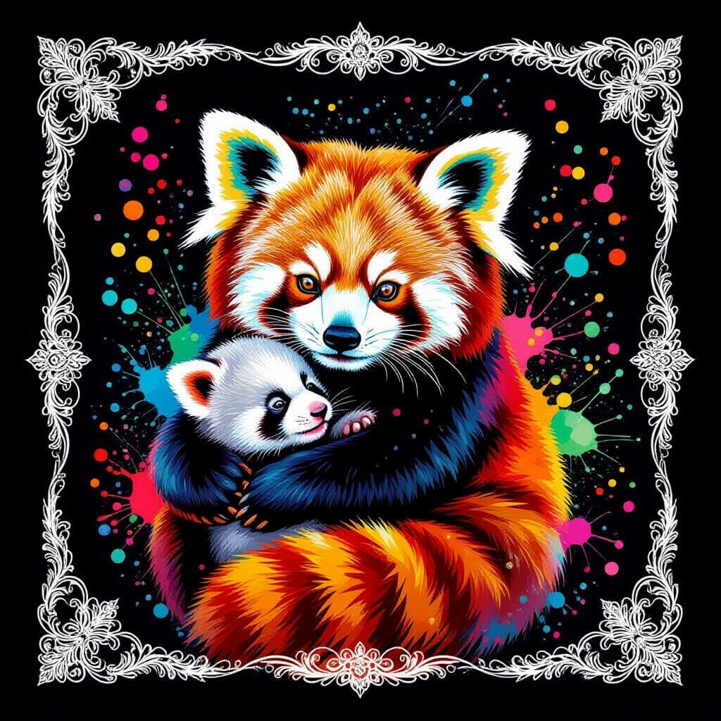 Red Panda Cradles Baby in Vibrant Alcohol Ink Style