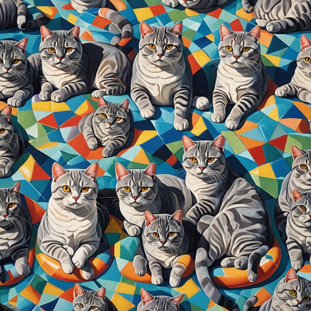 Cats on Pool Float in Geometric Cubist Style